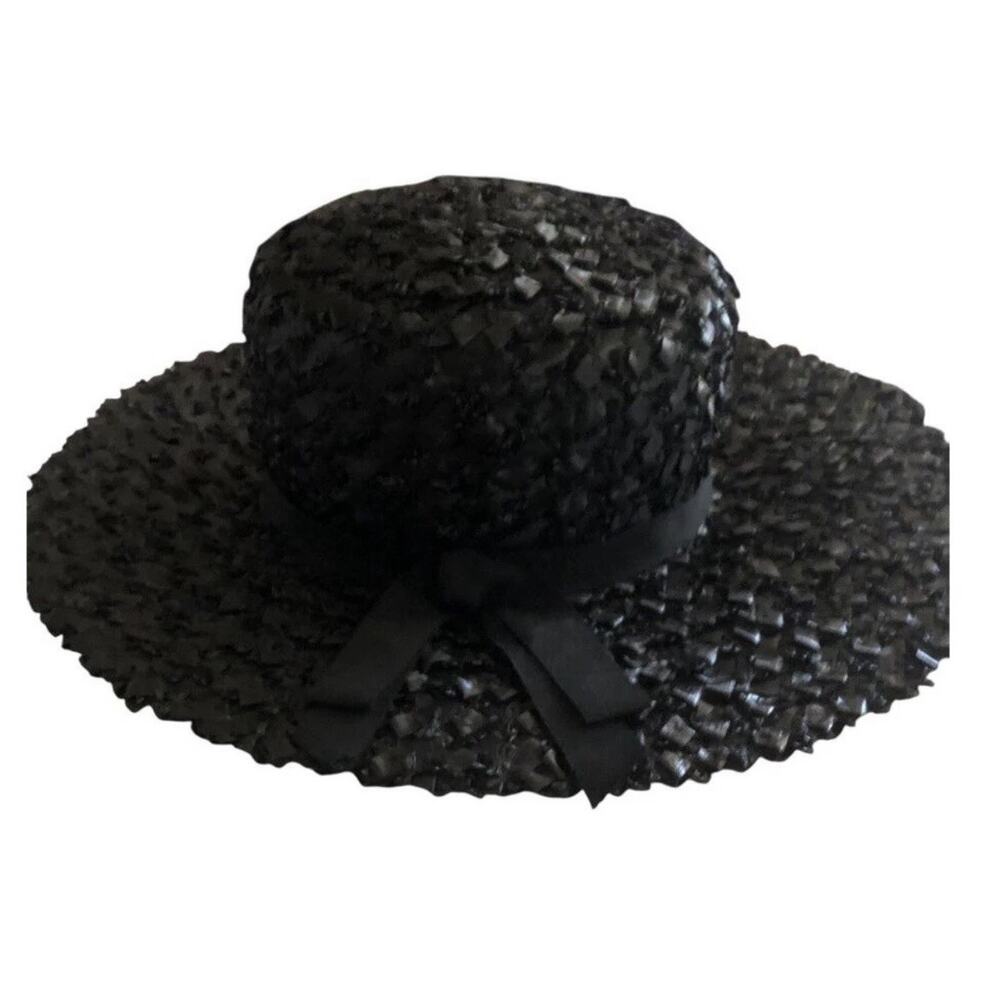 Vintage Black Straw Wide Brim Hat Ribbon Trim Boho Chic Sun Hat With Box - Picture 3 of 13